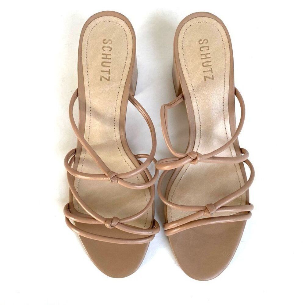 Schutz Princey Leather Strappy Block Heel Slide Sandals Nude Size 10.5 - Picture 6 of 10